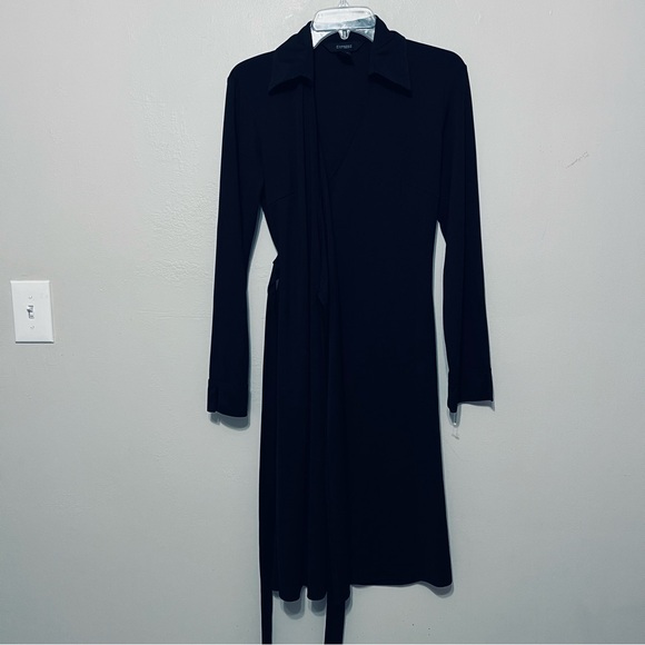 Black Long Sleeve V-Neck Collared Wrap Dress Career Womens Gothic Workwear 10 - Picture 7 of 14